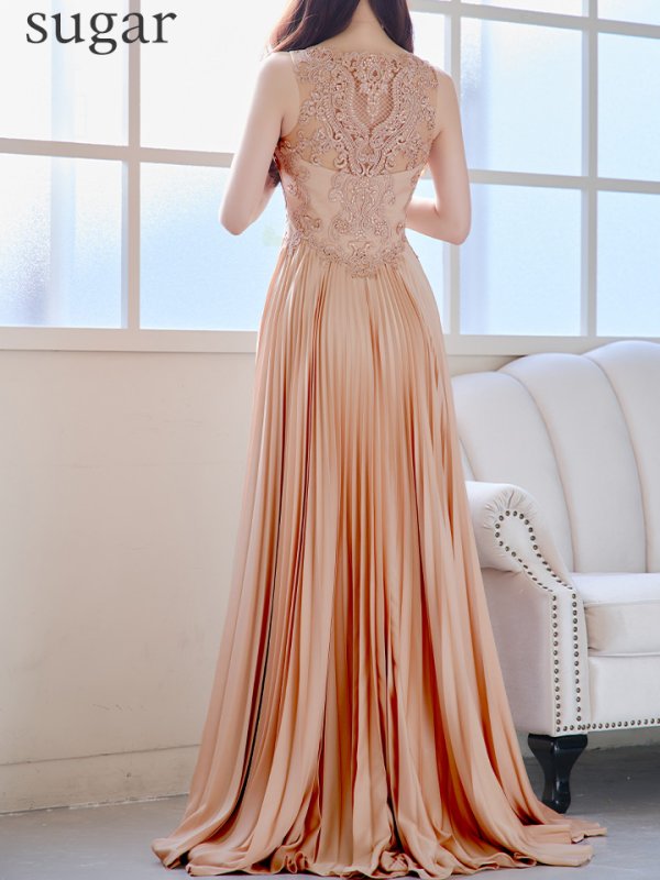 画像21: 【Lip line/リップライン】刺繍/ ワンカラー/ Vネック/ ノースリーブ/ ビジュー/ プリーツスカート/ Aライン/ ロングドレス/ キャバドレス long[HC03]