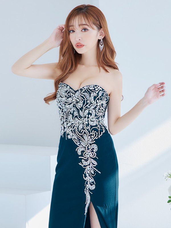 画像12: 【Lip line/リップライン】ベア/ ワンカラー/ ビジュー/ スパンコール/ スリット/ スピンドル/ タイト/ ロングドレス/ キャバドレス long[HC03]