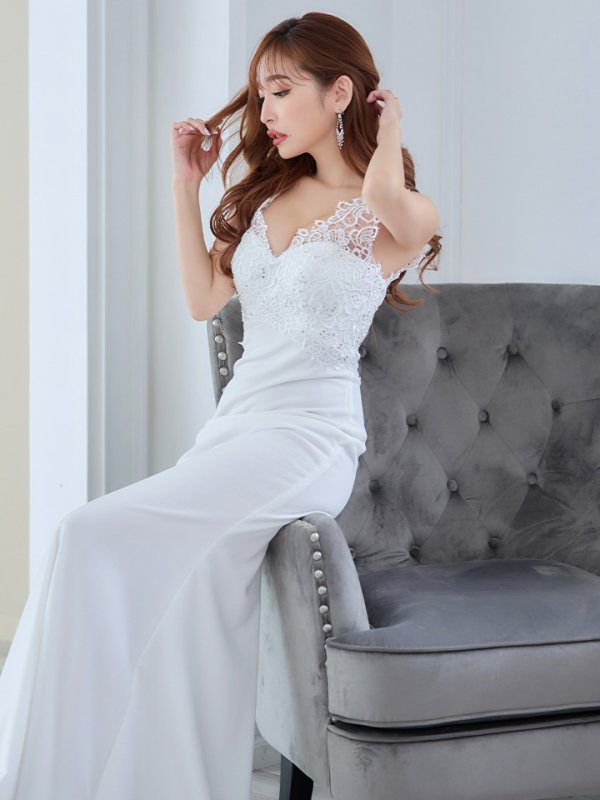 画像6: 【Lip line/リップライン】刺繍レース/ ワンカラー/ Vネック/ ノースリーブ/ ストレッチ/ タイト/ ロングドレス/ キャバドレス long[HC03]