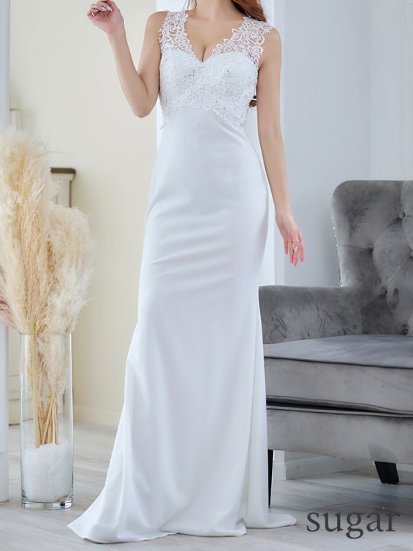 画像8: 【Lip line/リップライン】刺繍レース/ ワンカラー/ Vネック/ ノースリーブ/ ストレッチ/ タイト/ ロングドレス/ キャバドレス long[HC03]