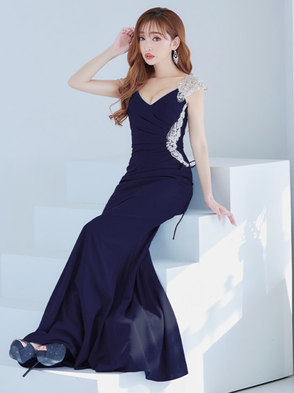 画像15: 【Lip line/リップライン】マーメイド/ ワンカラー/ ビジュー/ Vネック/ ノースリーブ/ ウエストタック/ シアー/ スピンドル/ ストレッチ/ タイト/ ロングドレス/ キャバドレス long[HC03]
