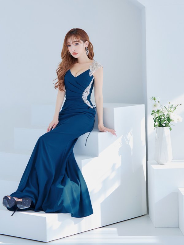 画像5: 【Lip line/リップライン】マーメイド/ ワンカラー/ ビジュー/ Vネック/ ノースリーブ/ ウエストタック/ シアー/ スピンドル/ ストレッチ/ タイト/ ロングドレス/ キャバドレス long[HC03]