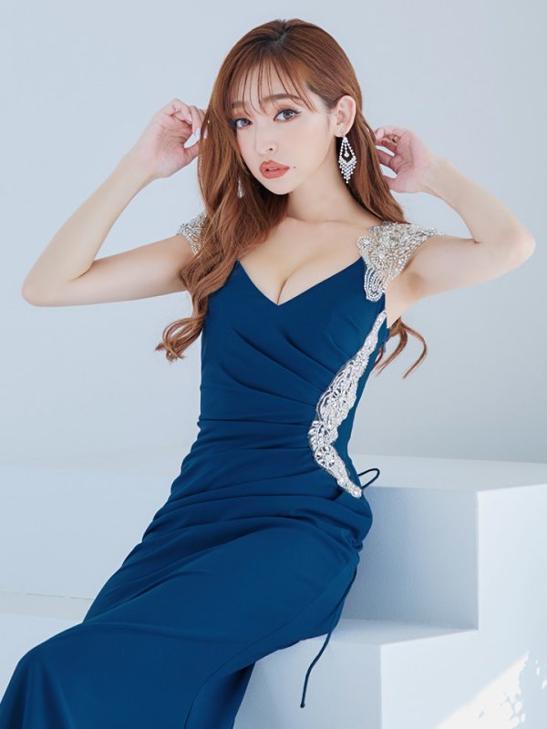 画像7: 【Lip line/リップライン】マーメイド/ ワンカラー/ ビジュー/ Vネック/ ノースリーブ/ ウエストタック/ シアー/ スピンドル/ ストレッチ/ タイト/ ロングドレス/ キャバドレス long[HC03]