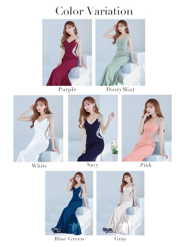 画像23: 【Lip line/リップライン】マーメイド/ ワンカラー/ ビジュー/ Vネック/ ノースリーブ/ ウエストタック/ シアー/ スピンドル/ ストレッチ/ タイト/ ロングドレス/ キャバドレス long[HC03]