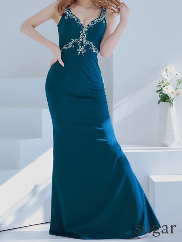 画像10: 【Lip line/リップライン】マーメイド/ ワンカラー/ ビジュー/ Vネック/ ノースリーブ/ スピンドル/ ストレッチ/ タイト/ ロングドレス/ キャバドレス long[HC03]