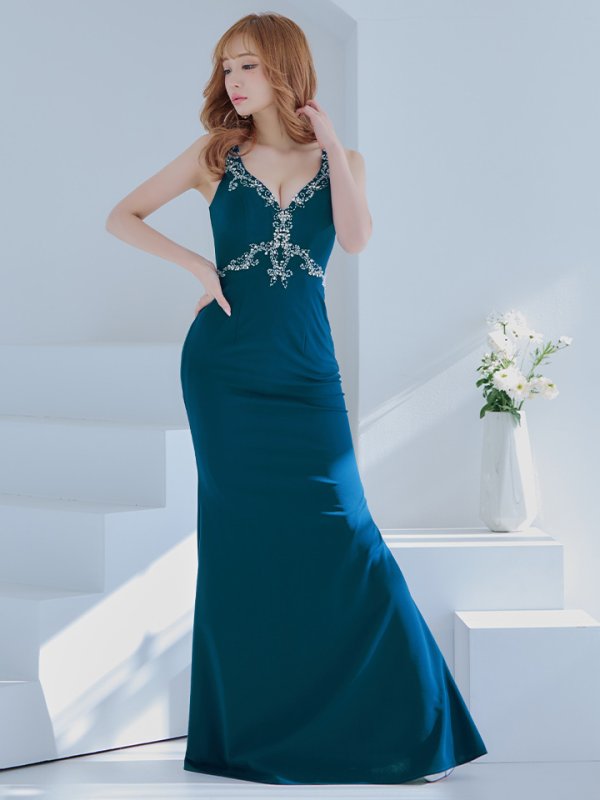 画像8: 【Lip line/リップライン】マーメイド/ ワンカラー/ ビジュー/ Vネック/ ノースリーブ/ スピンドル/ ストレッチ/ タイト/ ロングドレス/ キャバドレス long[HC03]