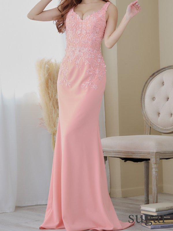 画像8: 【Lip line/リップライン】フラワー刺繍/ ワンカラー/ Vネック/ ノースリーブ/ スピンドル/ ストレッチ/ タイト/ ロングドレス/ キャバドレス long[HC03]