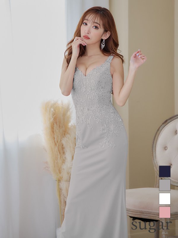 画像18: 【Lip line/リップライン】フラワー刺繍/ ワンカラー/ Vネック/ ノースリーブ/ スピンドル/ ストレッチ/ タイト/ ロングドレス/ キャバドレス long[HC03]