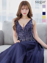 【Lip line/リップライン】スパンコール刺繍/ ラメ/ チュール/ Vネック/ Aライン/ ノースリーブ/ プリンセス/ フレア/ ロングドレス/ キャバドレス long[HC03]