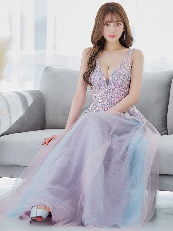 画像10: 【Lip line/リップライン】スパンコール刺繍/ ラメ/ チュール/ Vネック/ Aライン/ ノースリーブ/ プリンセス/ フレア/ ロングドレス/ キャバドレス long[HC03]