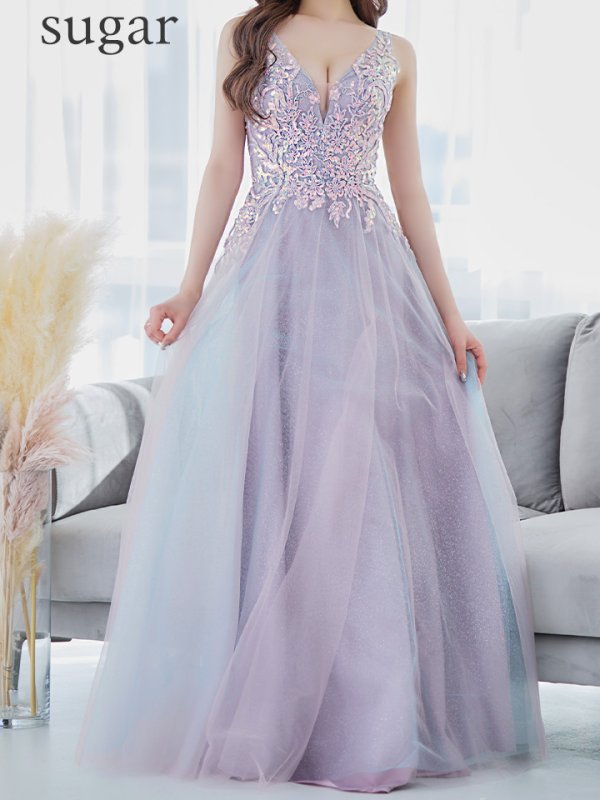 画像14: 【Lip line/リップライン】スパンコール刺繍/ ラメ/ チュール/ Vネック/ Aライン/ ノースリーブ/ プリンセス/ フレア/ ロングドレス/ キャバドレス long[HC03]