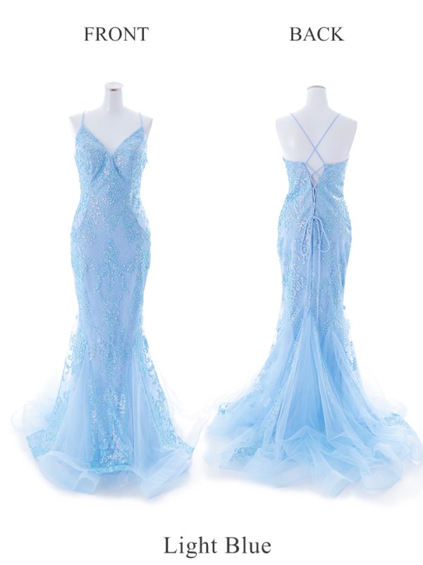 【Lip line/リップライン】スパンコール刺繍/ キャミソール/ チュール/ マーメイド/ ロングドレス/ キャバドレス long[HC03]　ライトブルー