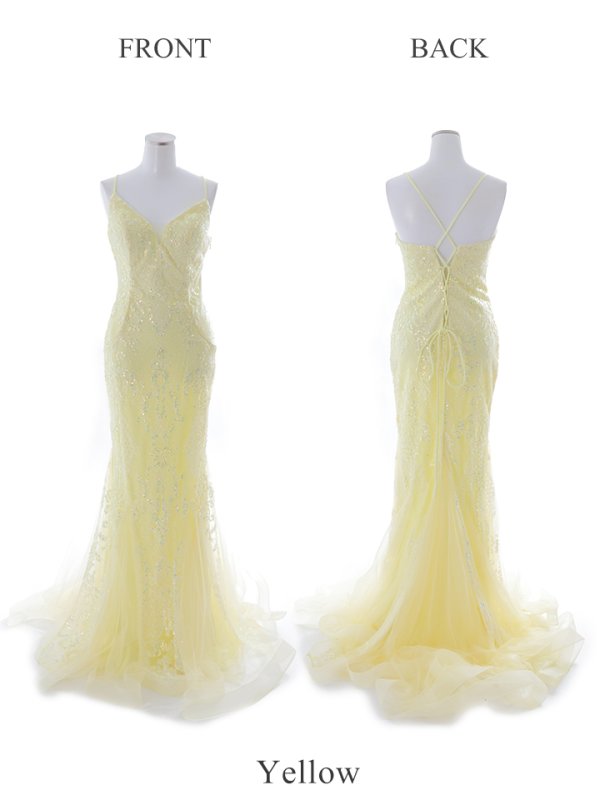 【Lip line/リップライン】スパンコール刺繍/ キャミソール/ チュール/ マーメイド/ ロングドレス/ キャバドレス long[HC03]　イエロー