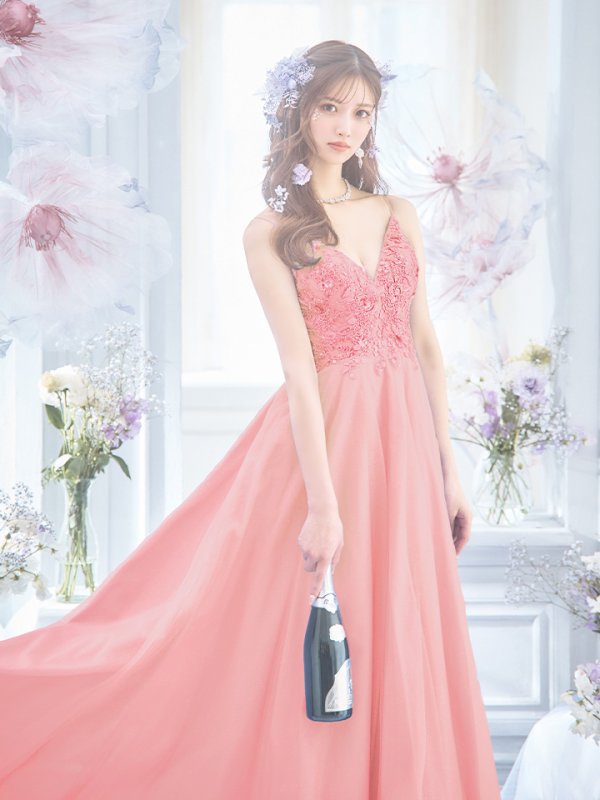 画像2: 【関西コレクション着用】【Lip line/リップライン】立体フラワー刺繍レース/ ラメ/ キャミソール/ Aライン/ プリンセス/ フレア/ ロングドレス/ キャバドレス long[HC03]