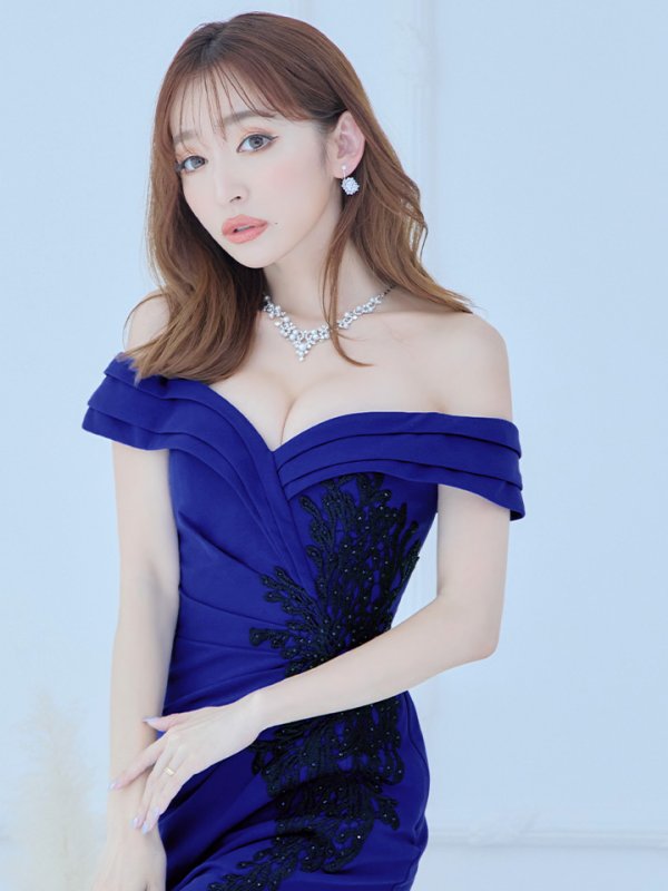 画像5: 【Lip line/リップライン】オフショルダー/ バイカラー刺繍/ タック/ スリット/ キャバドレス/ ロングドレスlong[HC03]