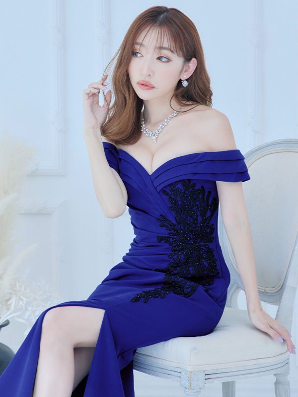 画像7: 【Lip line/リップライン】オフショルダー/ バイカラー刺繍/ タック/ スリット/ キャバドレス/ ロングドレスlong[HC03]