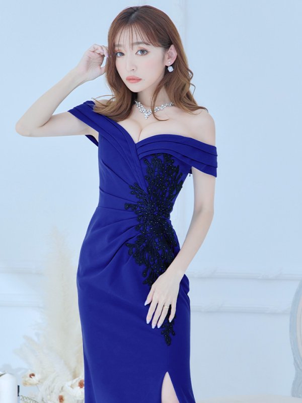 画像8: 【Lip line/リップライン】オフショルダー/ バイカラー刺繍/ タック/ スリット/ キャバドレス/ ロングドレスlong[HC03]