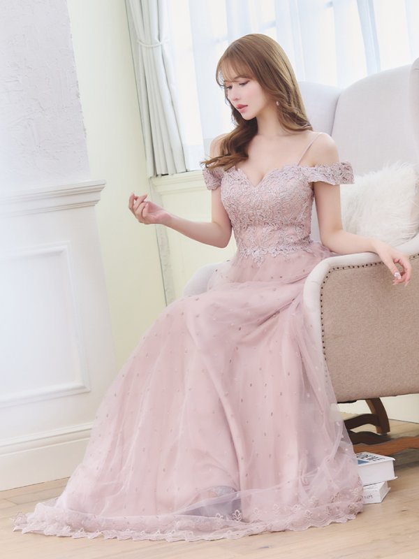 画像3: 【Lip line/リップライン】ドットレース/ 刺繍/ オフショル/ フレア/ Aライン/ ロングドレス/ キャバドレス long[HC03]