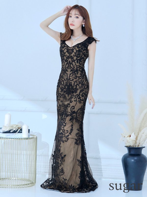 画像9: 【Lip line/リップライン】デザイン刺繍/ チュール/ ノースリーブ/ Vネック/ タイト/ ロングドレス/ キャバドレス long[HC03]