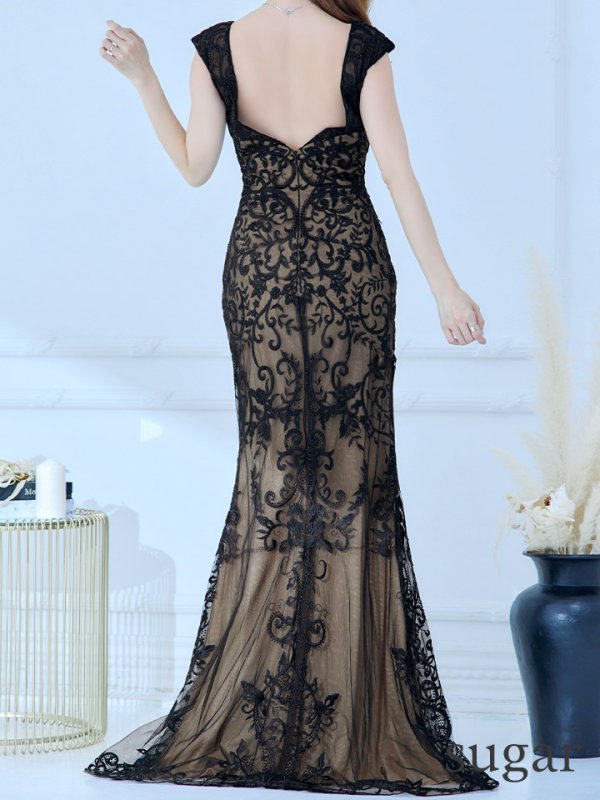 画像11: 【Lip line/リップライン】デザイン刺繍/ チュール/ ノースリーブ/ Vネック/ タイト/ ロングドレス/ キャバドレス long[HC03]