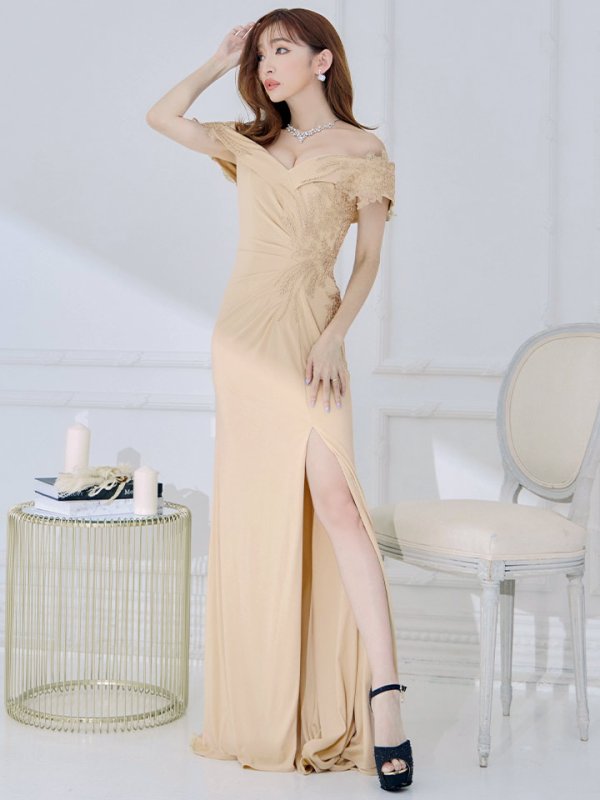 画像9: 【Lip line/リップライン】オフショルダー/ フラワー刺繍レース/ ゴールドレース/ タック/ スリット/ キャバドレス/ ロングドレスlong[HC03]