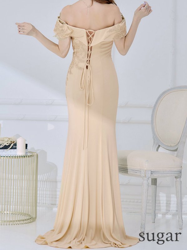 画像12: 【Lip line/リップライン】オフショルダー/ フラワー刺繍レース/ ゴールドレース/ タック/ スリット/ キャバドレス/ ロングドレスlong[HC03]