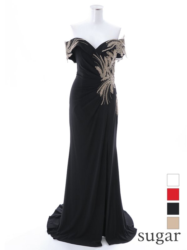 画像14: 【Lip line/リップライン】オフショルダー/ フラワー刺繍レース/ ゴールドレース/ タック/ スリット/ キャバドレス/ ロングドレスlong[HC03]