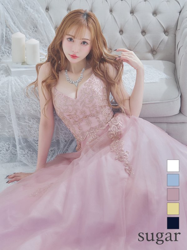 【Lip line/リップライン】デザイン刺繍レース/ スピンドル/ キャミソール/ Aライン/ プリンセス/ フレア/ ロングドレス/ キャバドレス long[HC03]　ダスティーピンク