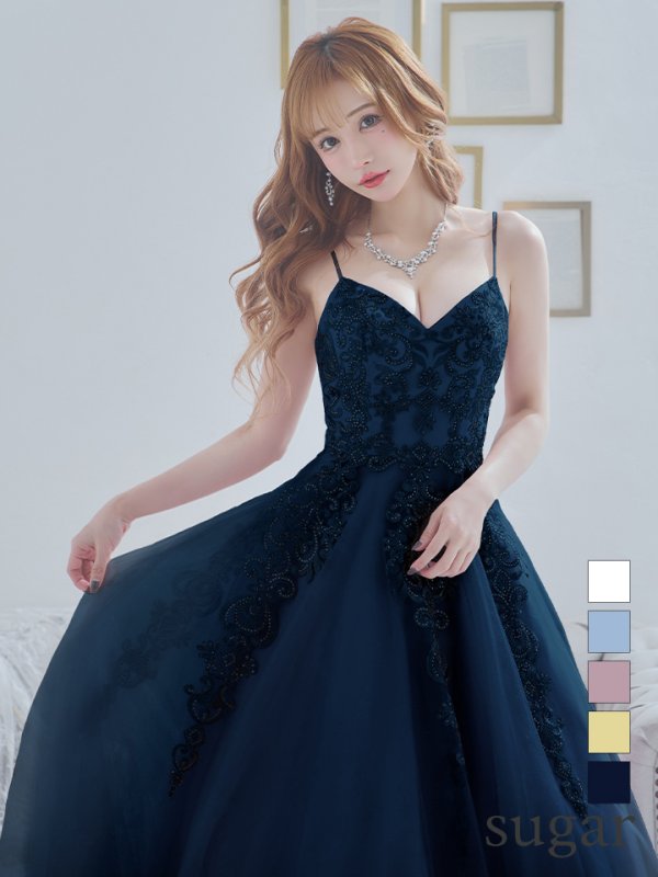 【Lip line/リップライン】デザイン刺繍レース/ スピンドル/ キャミソール/ Aライン/ プリンセス/ フレア/ ロングドレス/ キャバドレス long[HC03]　ネイビー