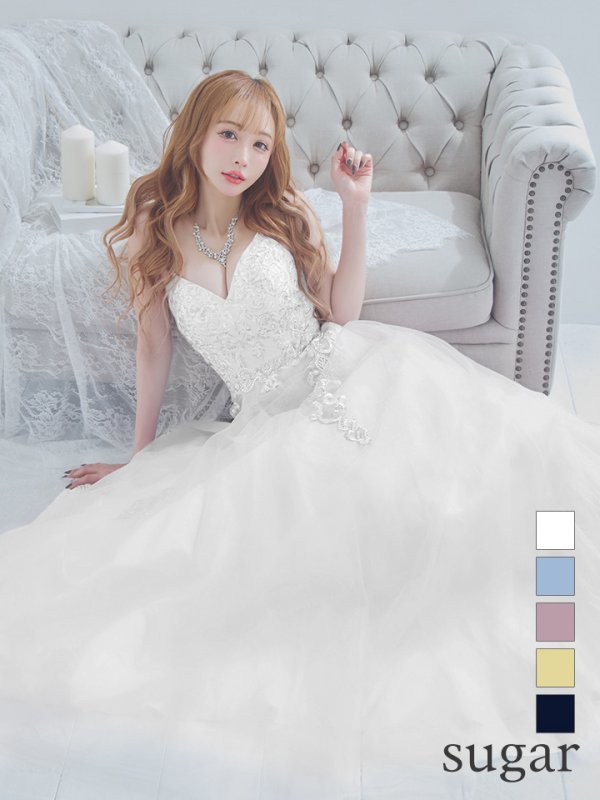 【Lip line/リップライン】デザイン刺繍レース/ スピンドル/ キャミソール/ Aライン/ プリンセス/ フレア/ ロングドレス/ キャバドレス long[HC03]　ホワイト
