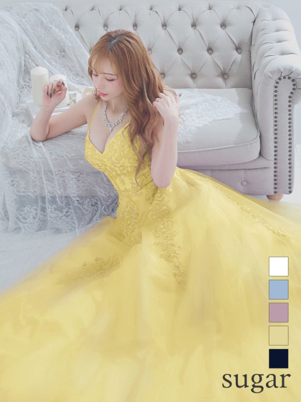 【Lip line/リップライン】デザイン刺繍レース/ スピンドル/ キャミソール/ Aライン/ プリンセス/ フレア/ ロングドレス/ キャバドレス long[HC03]　イエロー