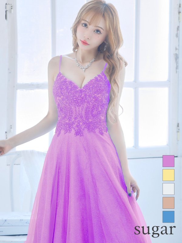 【Lip line/リップライン】ラメ/ チュール/ キャミソール/ Aライン/ デザイン刺繍/ フレア/ ロングドレス/ キャバドレス long[HC03]　パープル