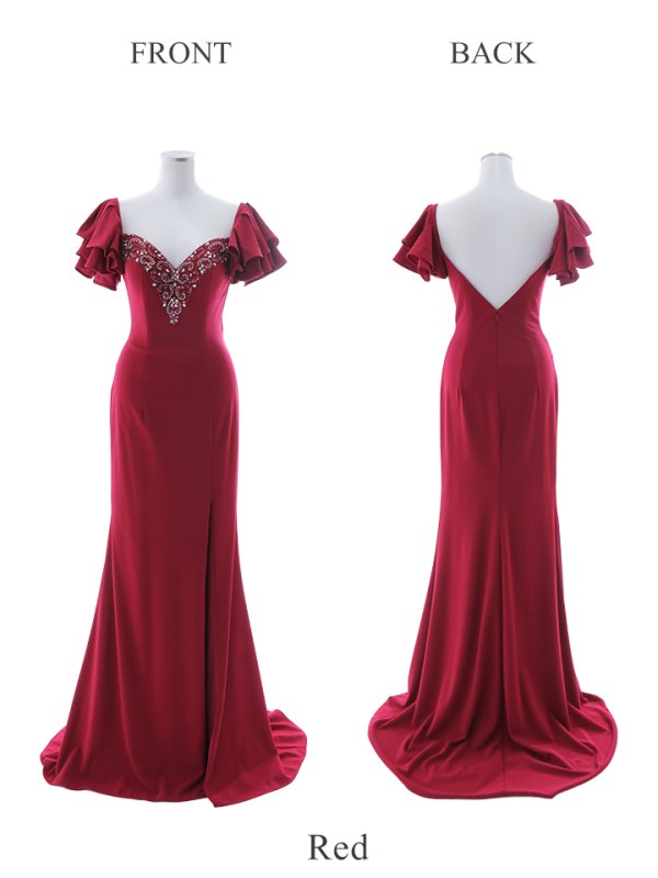 画像19: 【Lip line/リップライン】ワンカラー/ フリルスリーブ/ 半袖/ 袖あり/ 刺繍/ スリット/ ロングドレス/ キャバドレス long[HC03]