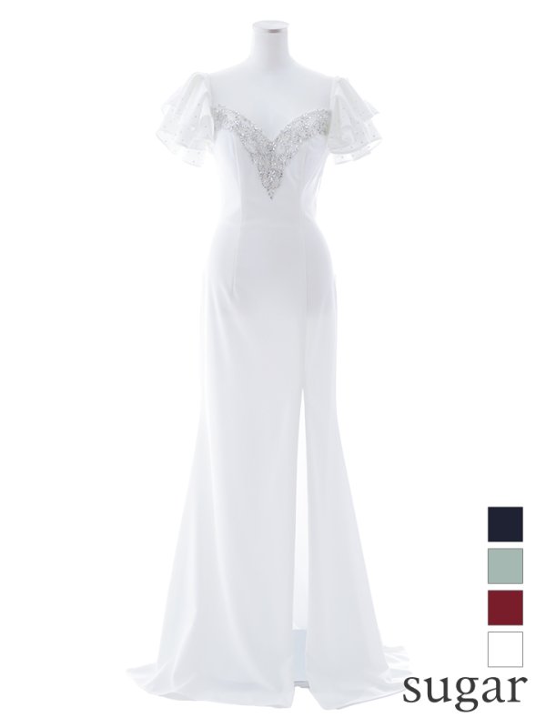 画像12: 【Lip line/リップライン】ワンカラー/ フリルスリーブ/ 半袖/ 袖あり/ 刺繍/ スリット/ ロングドレス/ キャバドレス long[HC03]