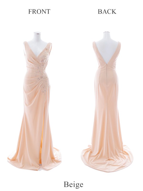 画像28: 【Lip line/リップライン】ワンカラー/ ノースリーブ/ タック/ Vネック/ ビジュー刺繍/ スリット/ ロングドレス/ キャバドレス long[HC03]