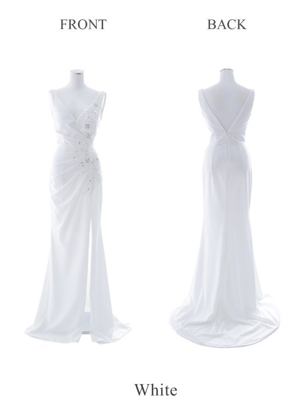 画像25: 【Lip line/リップライン】ワンカラー/ ノースリーブ/ タック/ Vネック/ ビジュー刺繍/ スリット/ ロングドレス/ キャバドレス long[HC03]