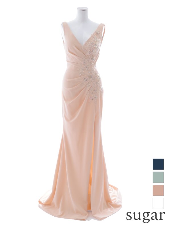 【Lip line/リップライン】ワンカラー/ ノースリーブ/ タック/ Vネック/ ビジュー刺繍/ スリット/ ロングドレス/ キャバドレス long[HC03]　ベージュ