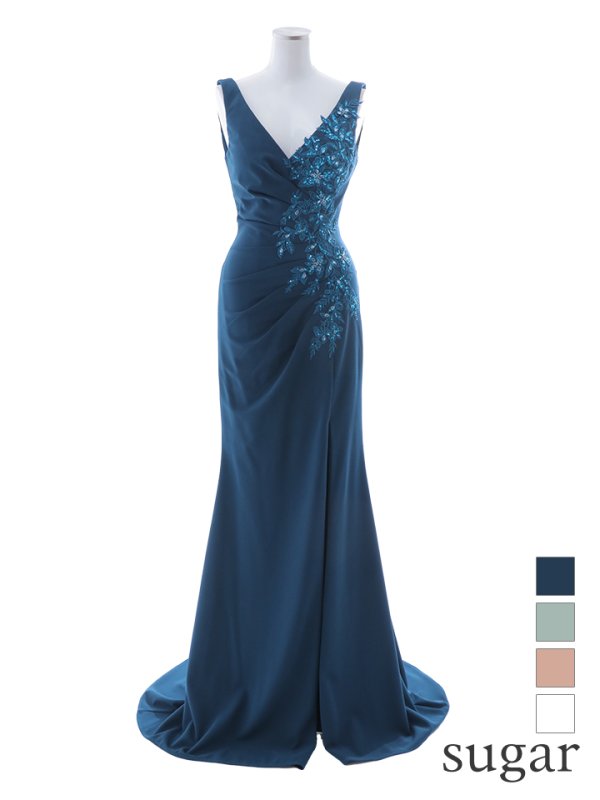 【Lip line/リップライン】ワンカラー/ ノースリーブ/ タック/ Vネック/ ビジュー刺繍/ スリット/ ロングドレス/ キャバドレス long[HC03]　グリーン