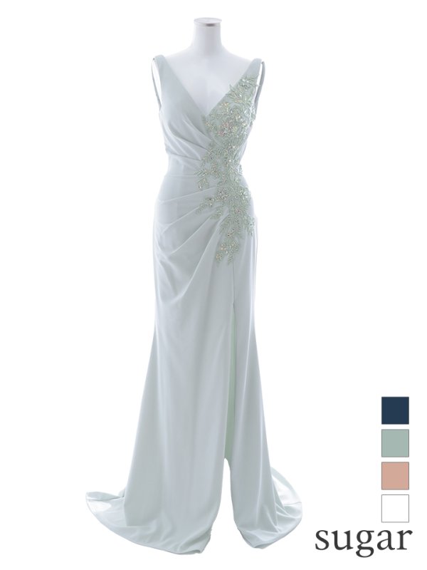 【Lip line/リップライン】ワンカラー/ ノースリーブ/ タック/ Vネック/ ビジュー刺繍/ スリット/ ロングドレス/ キャバドレス long[HC03]　ミントグリーン