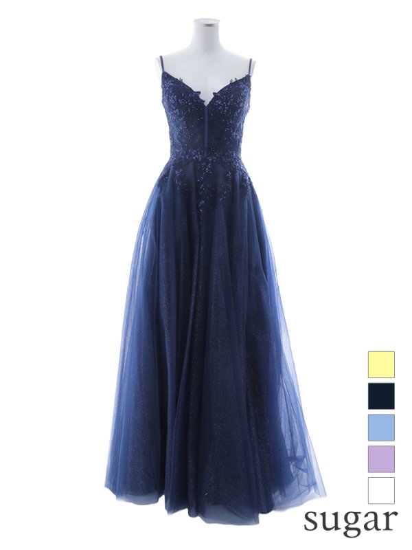【Lip line/リップライン】スパンコール刺繍/ キャミソール/ ラメ/ チュール/ フレア/ Aライン/ ロングドレス/ キャバドレス long[HC03]　ネイビー