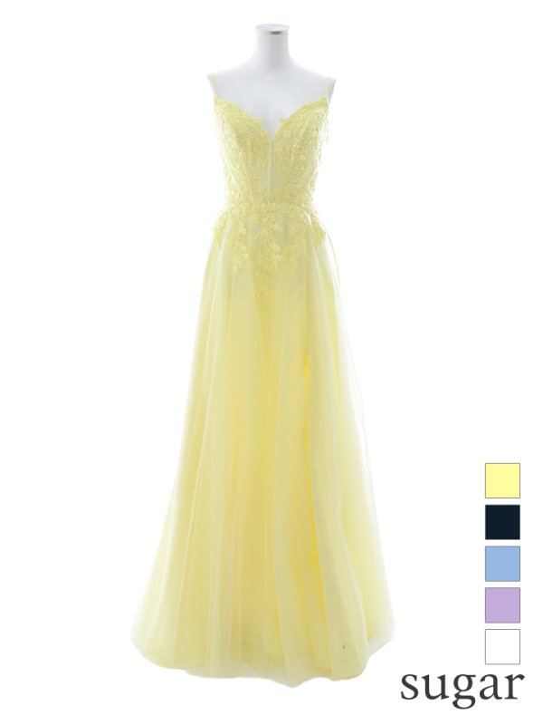 【Lip line/リップライン】スパンコール刺繍/ キャミソール/ ラメ/ チュール/ フレア/ Aライン/ ロングドレス/ キャバドレス long[HC03]　イエロー