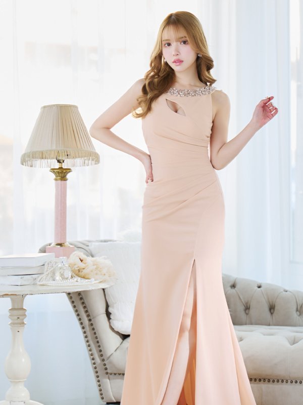 画像4: 【Lip line/リップライン】ネックビジュー/ ストレッチ/ ワンカラー/ タック/ スリット/ タイト/ ロングドレス/ キャバドレス long[HC03]