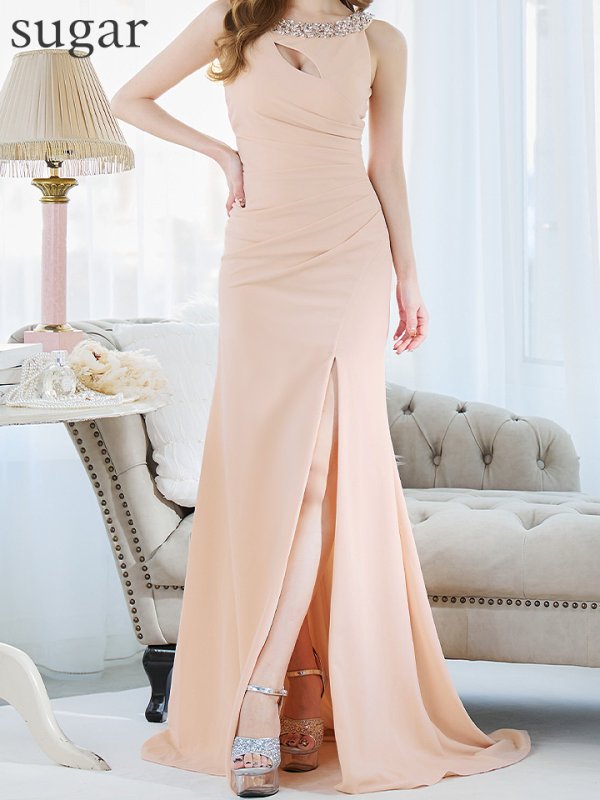 画像8: 【Lip line/リップライン】ネックビジュー/ ストレッチ/ ワンカラー/ タック/ スリット/ タイト/ ロングドレス/ キャバドレス long[HC03]