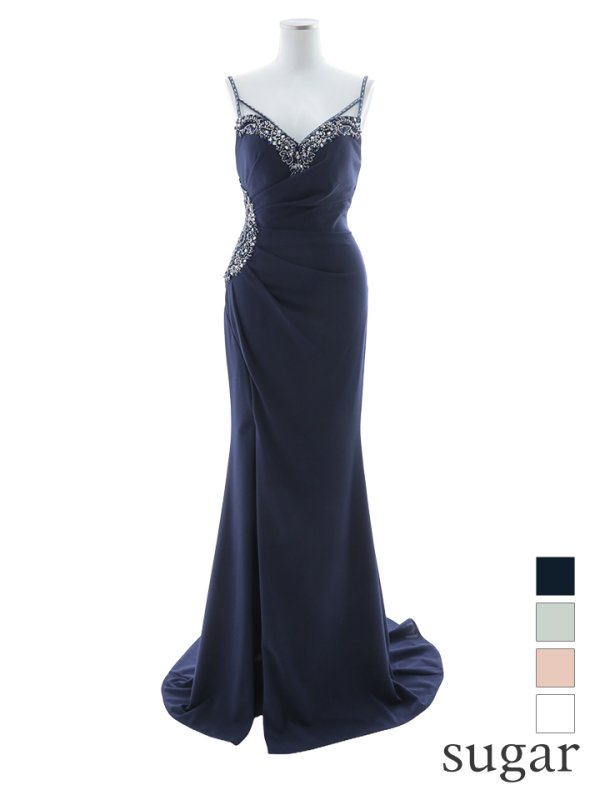 【Lip line/リップライン】ワンカラー/ ビジュー/ キャミソール/ 刺繍/ スリット/ ロングドレス/ キャバドレス long[HC03]　ネイビー