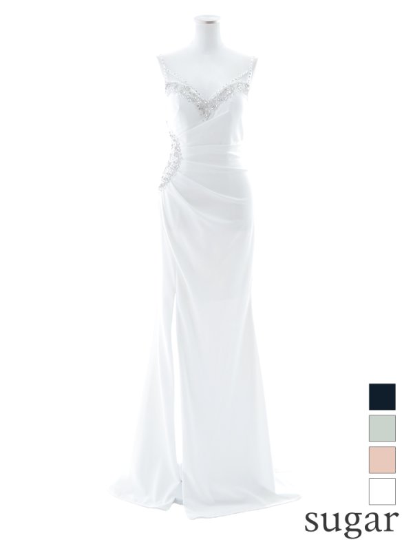 【Lip line/リップライン】ワンカラー/ ビジュー/ キャミソール/ 刺繍/ スリット/ ロングドレス/ キャバドレス long[HC03] ホワイト