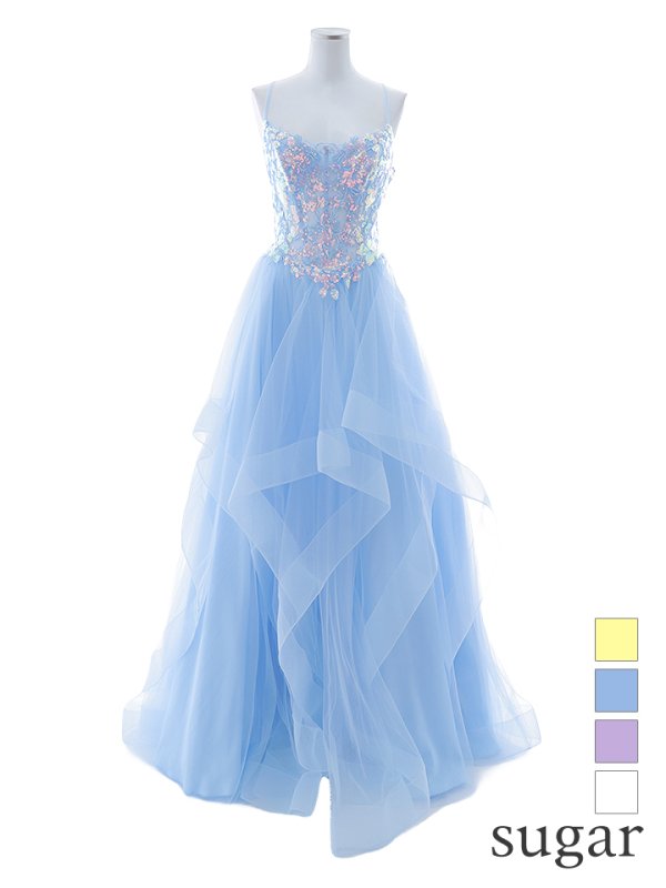 【Lip line/リップライン】スパンコール刺繍/ キャミソール/ チュール/ フレア/ Aライン/ ロングドレス/ キャバドレス long[HC03]　ブルー
