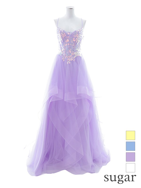 【Lip line/リップライン】スパンコール刺繍/ キャミソール/ チュール/ フレア/ Aライン/ ロングドレス/ キャバドレス long[HC03]　パープル