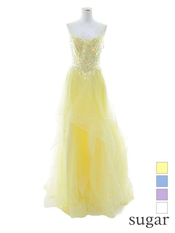 【Lip line/リップライン】スパンコール刺繍/ キャミソール/ チュール/ フレア/ Aライン/ ロングドレス/ キャバドレス long[HC03]　イエロー