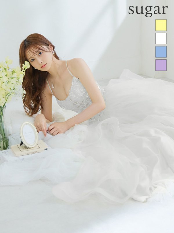 【Lip line/リップライン】スパンコール刺繍/ キャミソール/ チュール/ フレア/ Aライン/ ロングドレス/ キャバドレス long[HC03]　ホワイト