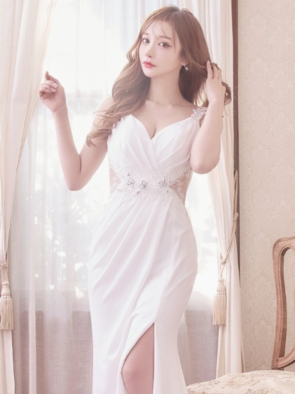 画像4: 【Lip line/リップライン】フラワー刺繍/ ストレッチ/ ノースリーブ/ ワンカラー/ スピンドル/ ロングドレス/ キャバドレス long[HC03]